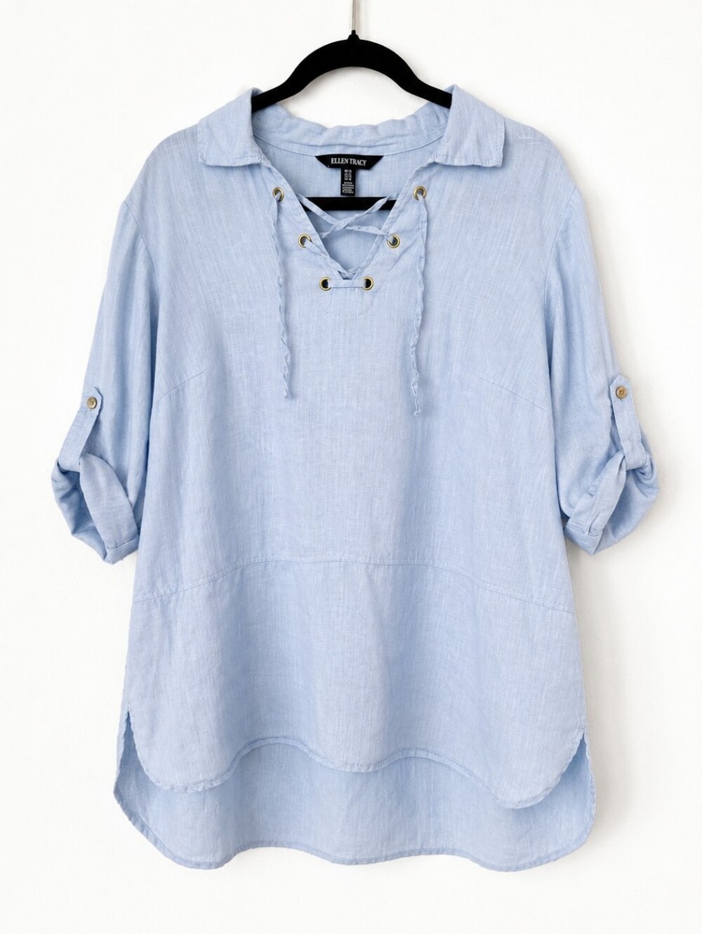 Ellen Tracy 100% Linen Lace Up Tunic Top Blue Roll Tab Sleeve Plus 1X Coastal